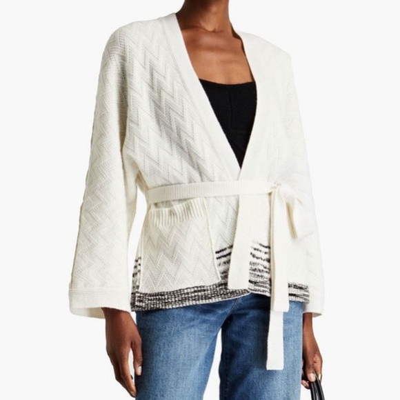 Missoni Cashmere Wrap Sweater Belted Beige Cream Small Crochet-Knit Cardigan - Picture 5 of 9